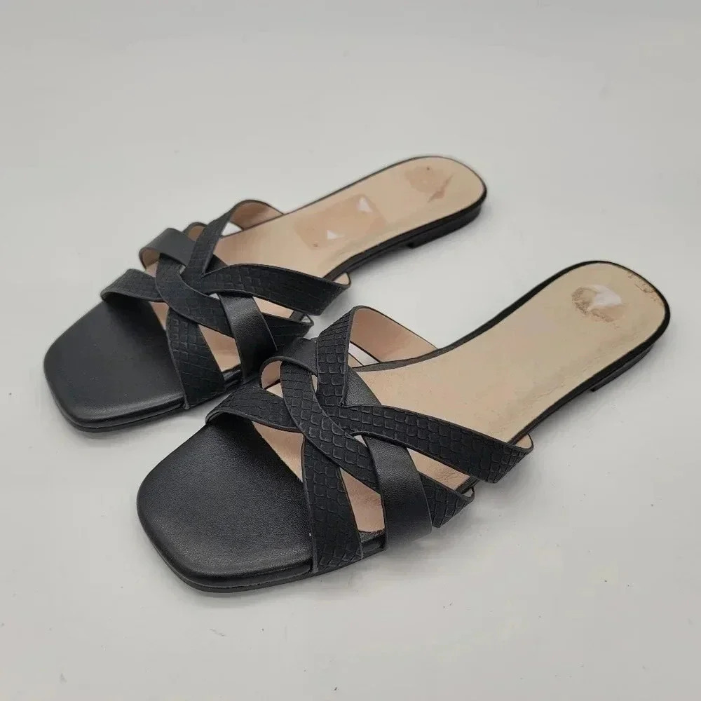 H by Halston Open-Toe Vegan Leather Slides Bailey Black Flats Size 9M